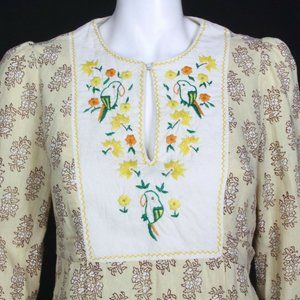 Vintage INDIA IMPORTS Block Print Embroidered Parrot Bird Floral Dress sz P /108